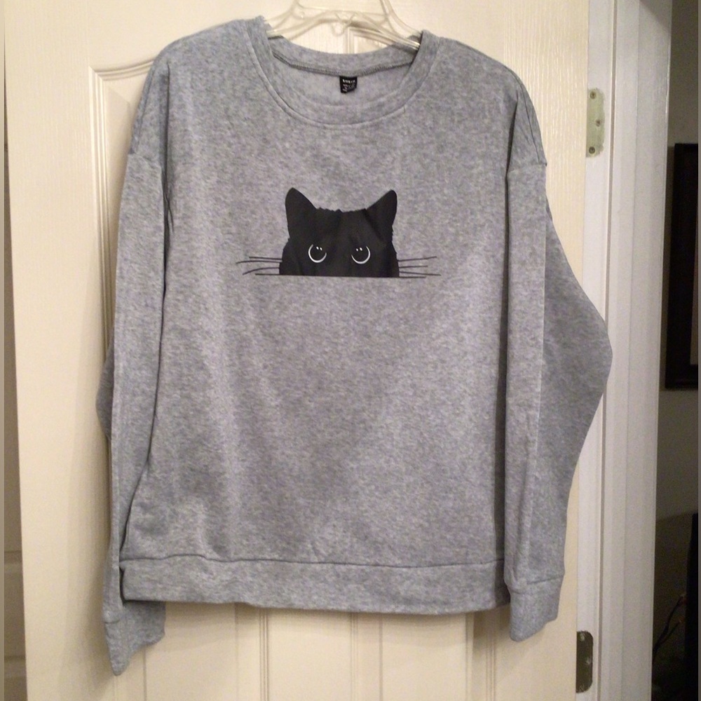 Gray Cat Print Sweatshirt